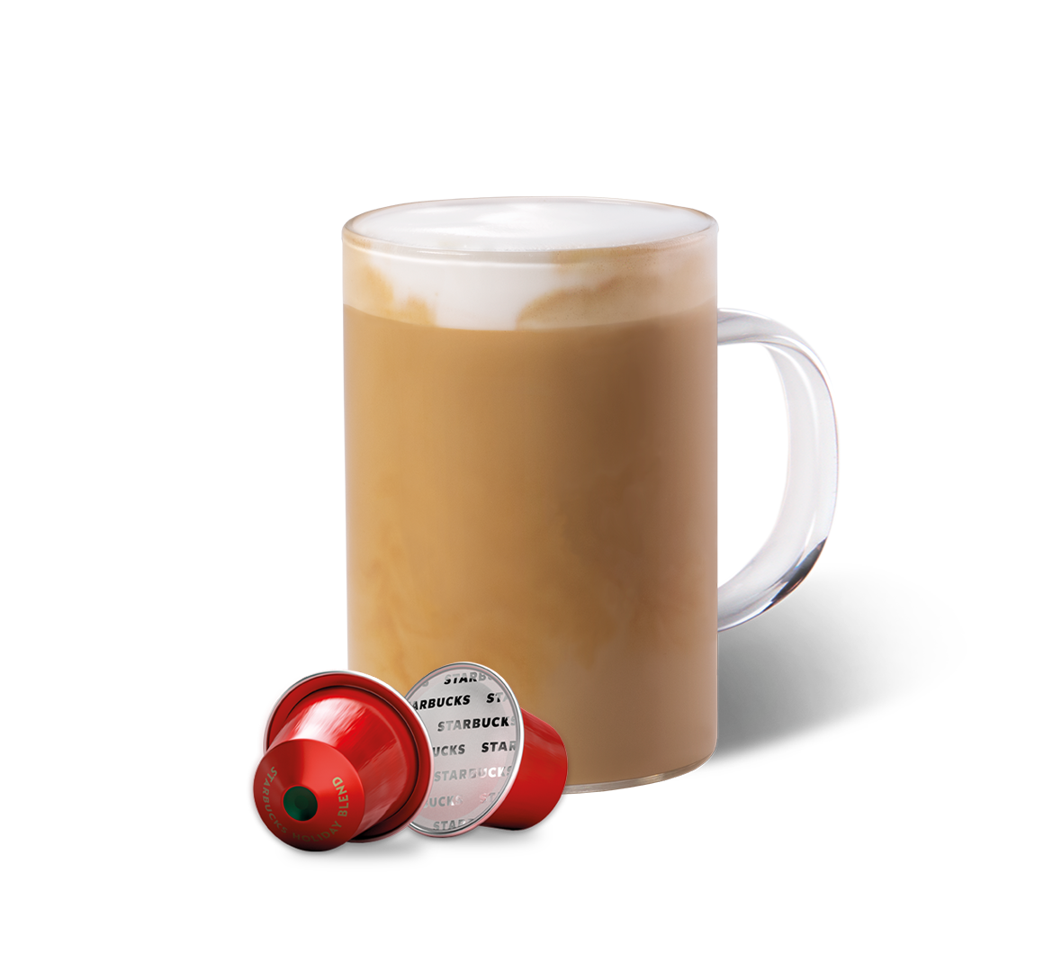 Zwei Starbucks Holiday Blend Kapseln neben einer Tasse aus Glas gefüllt mit Caramalised Honey Latte