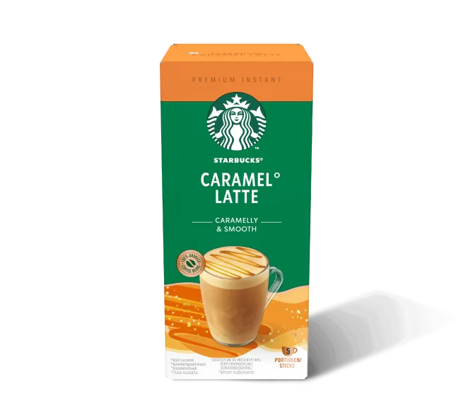 Eine Packung Premium Instant Caramel Latte von Starbucks