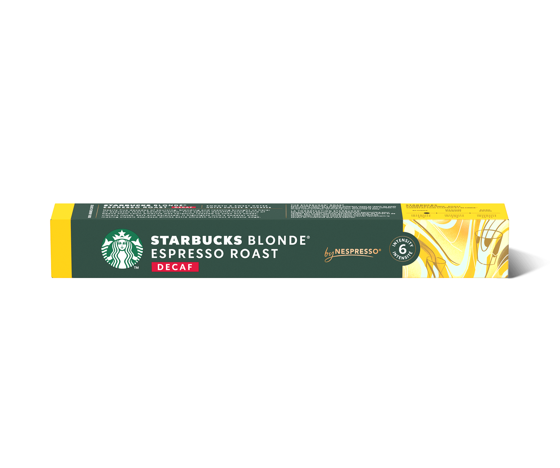Eine Packung mit 6 Starbucks Blonde Espresso Roast Decaf Kapseln 