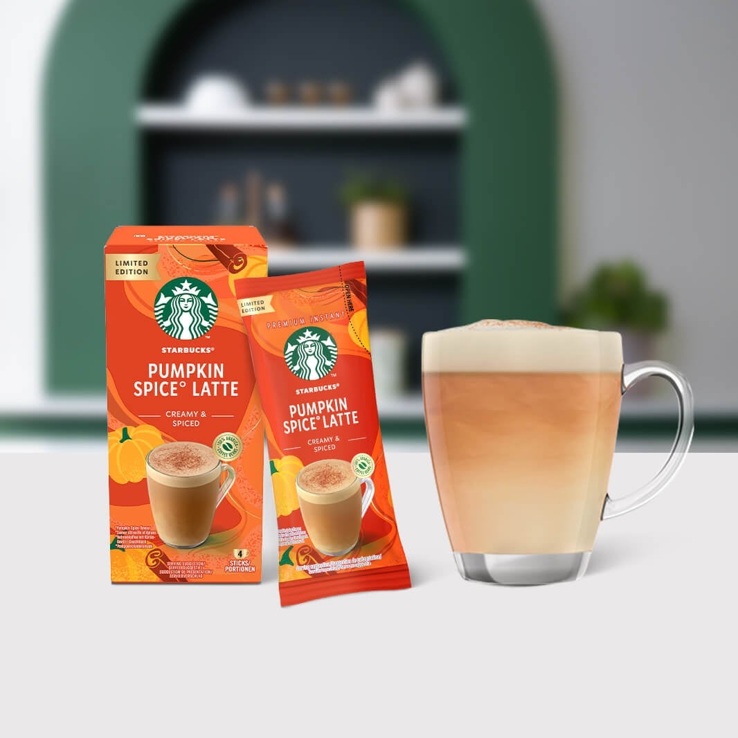 Starbucks® Pumpkin Spice Latte Premium Instant Coffee package on a table