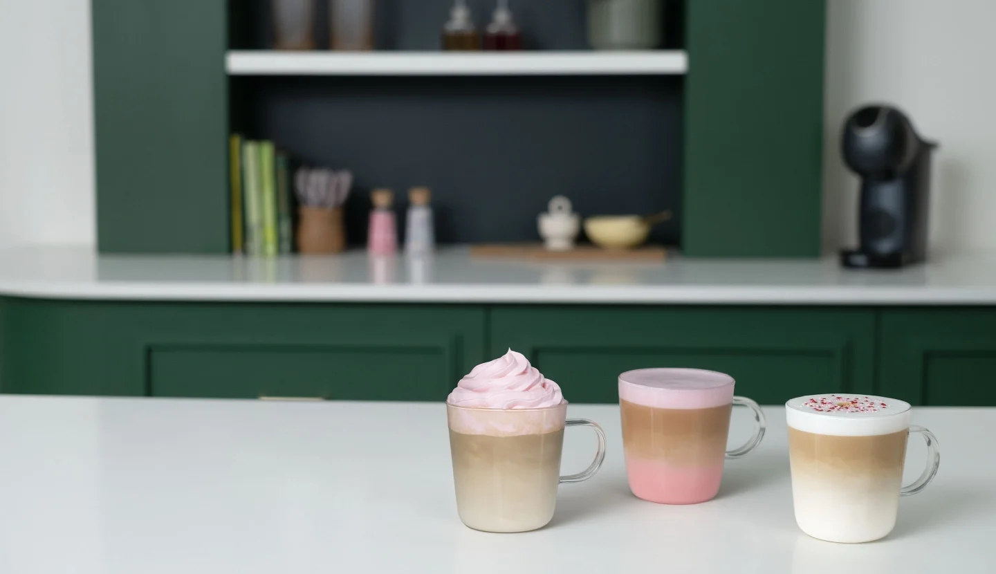 Three colourful layered coffee drinks with pink foam and sprinkles, inspiring creative coffee customisation.